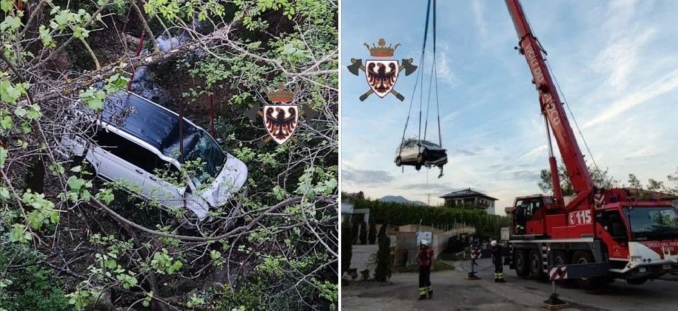 Foto Federazione dei vigili del fuoco volontari del Trentino - Vigili del Fuoco Tassullo Dimentica il freno a mano e il van precipita nella scarpata: lo schianto nel greto del rio